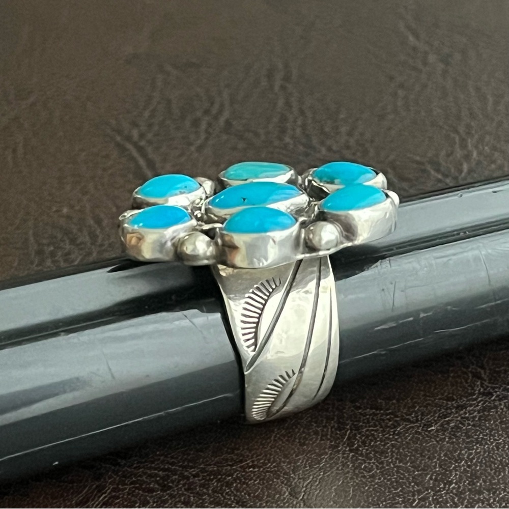 Vintage signed Zuni large Turquoise and sterling silver cluster ring - Picture 9 of 14